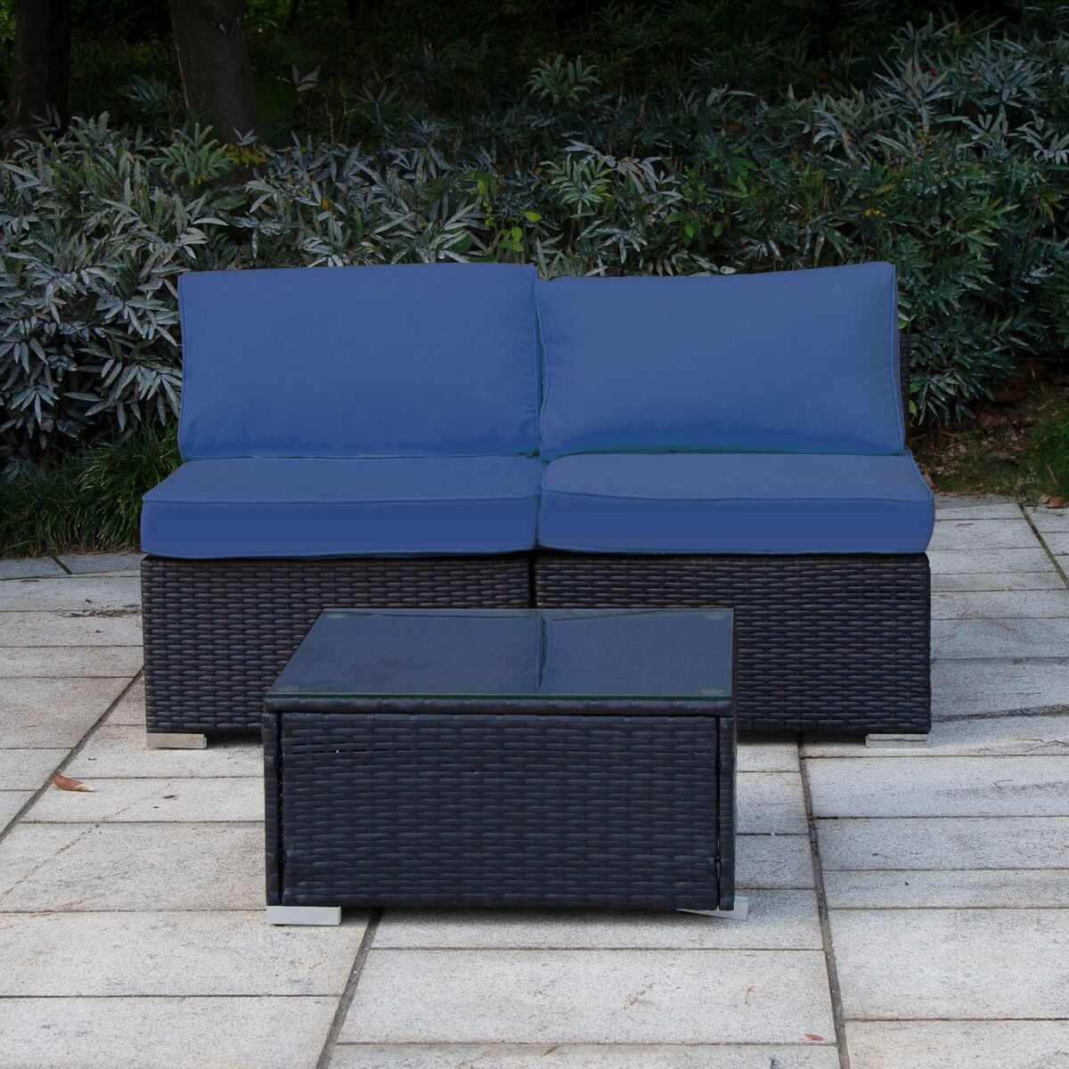 3 Piece Outdoor Patio Rattan Sofa Set with 2 Single Sofas + Coffee Table with Glass Top (Brown Rattan with Navy Cushions)