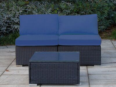 3 Piece Outdoor Patio Rattan Sofa Set with 2 Single Sofas + Coffee Table with Glass Top (Brown Rattan with Navy Cushions)