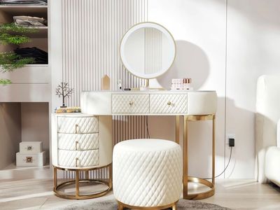 Fukayi Modern Faux Leather Makeup Vanity Desk with HD Mirror and 3 Colors Lights Mode