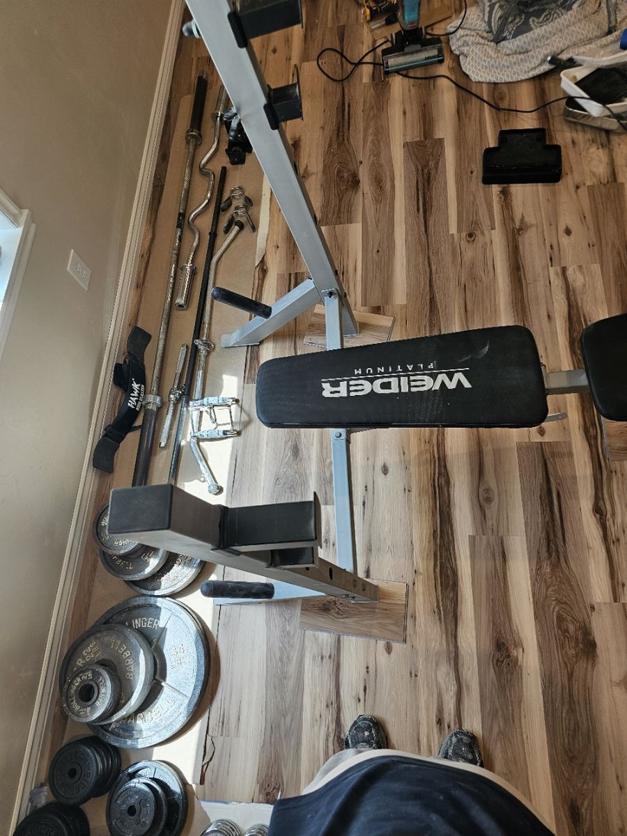 Bench, Weights, Bars and attacthments