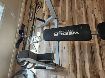 Bench, Weights, Bars and attacthments