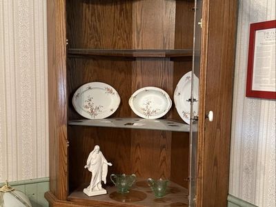 Vintage Corner Curio Cabinet Glass Door Wood Display China Hutch Oak Finish