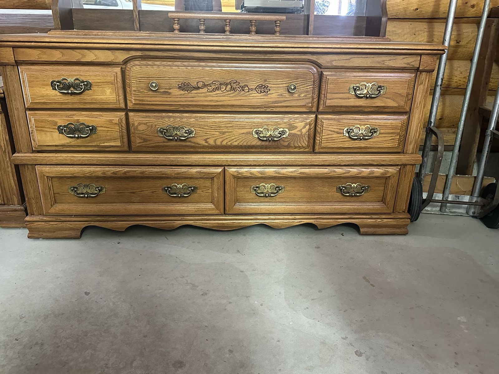 Oak Dresser with Mirror & Nightstand - Vintage Style, 9 Drawers, Carved Details