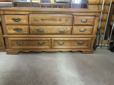 Oak Dresser with Mirror & Nightstand - Vintage Style, 9 Drawers, Carved Details