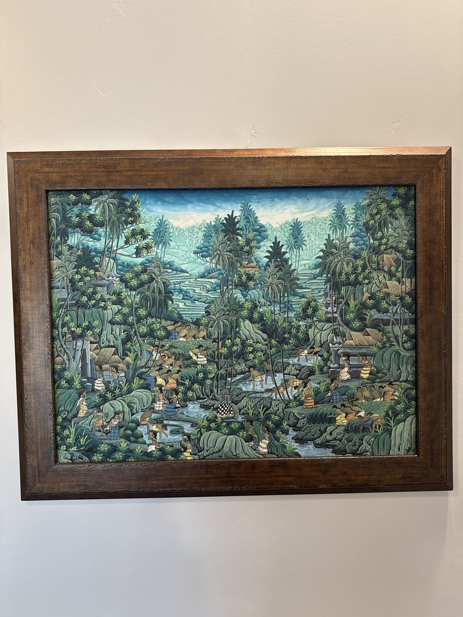 Vintage Hand-Painted Balinese Jungle Scene Framed Artwork Painting, Signed S. Soehana, 1999