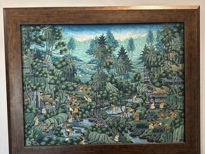 Vintage Hand-Painted Balinese Jungle Scene Framed Artwork Painting, Signed S. Soehana, 1999