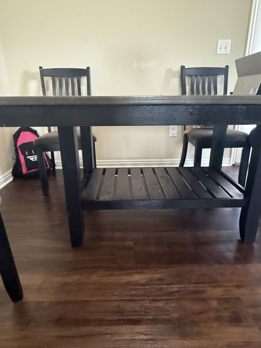 Dark Wood Dining Table with 6 Upholstered Chairs - Sturdy, Shelf Storage