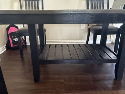 Dark Wood Dining Table with 6 Upholstered Chairs - Sturdy, Shelf Storage