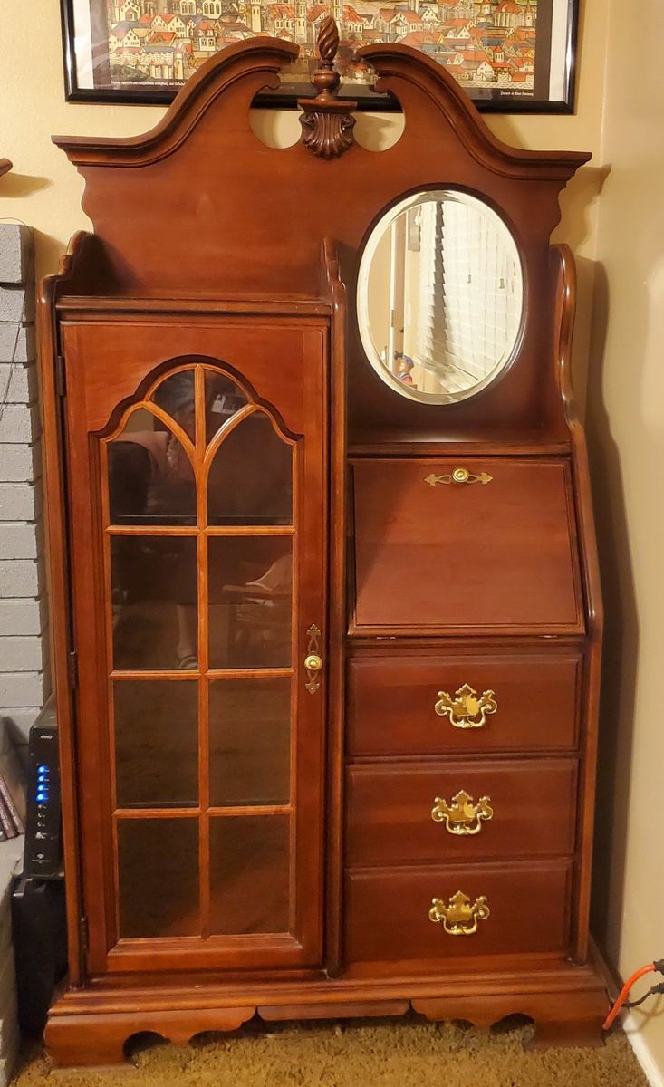 Vintage Wooden Vanity Desk and Display Cabinet with Mirror and Drawers