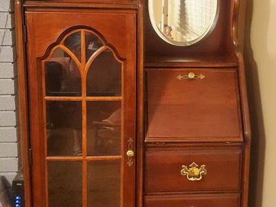 Vintage Wooden Vanity Desk and Display Cabinet with Mirror and Drawers