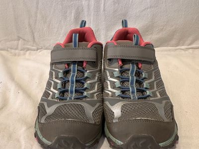 Merrell youth size 5.5 gray with blue&pink trim, waterproof, hiking shoes