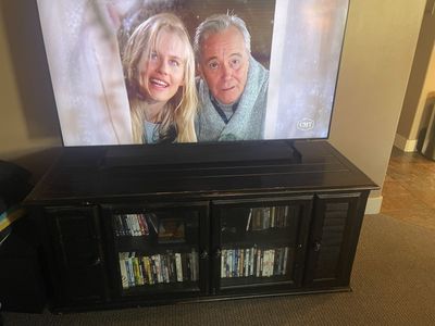 Distressed Black Farmhouse Style Entertainment Center/TV Stand with Glass & Louvered Doors