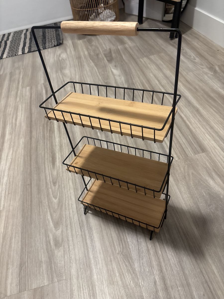 3-Tier Black Metal & Wood Cart with Handle - Kitchen, Bathroom, or Office Storage