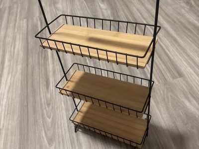3-Tier Black Metal & Wood Cart with Handle - Kitchen, Bathroom, or Office Storage