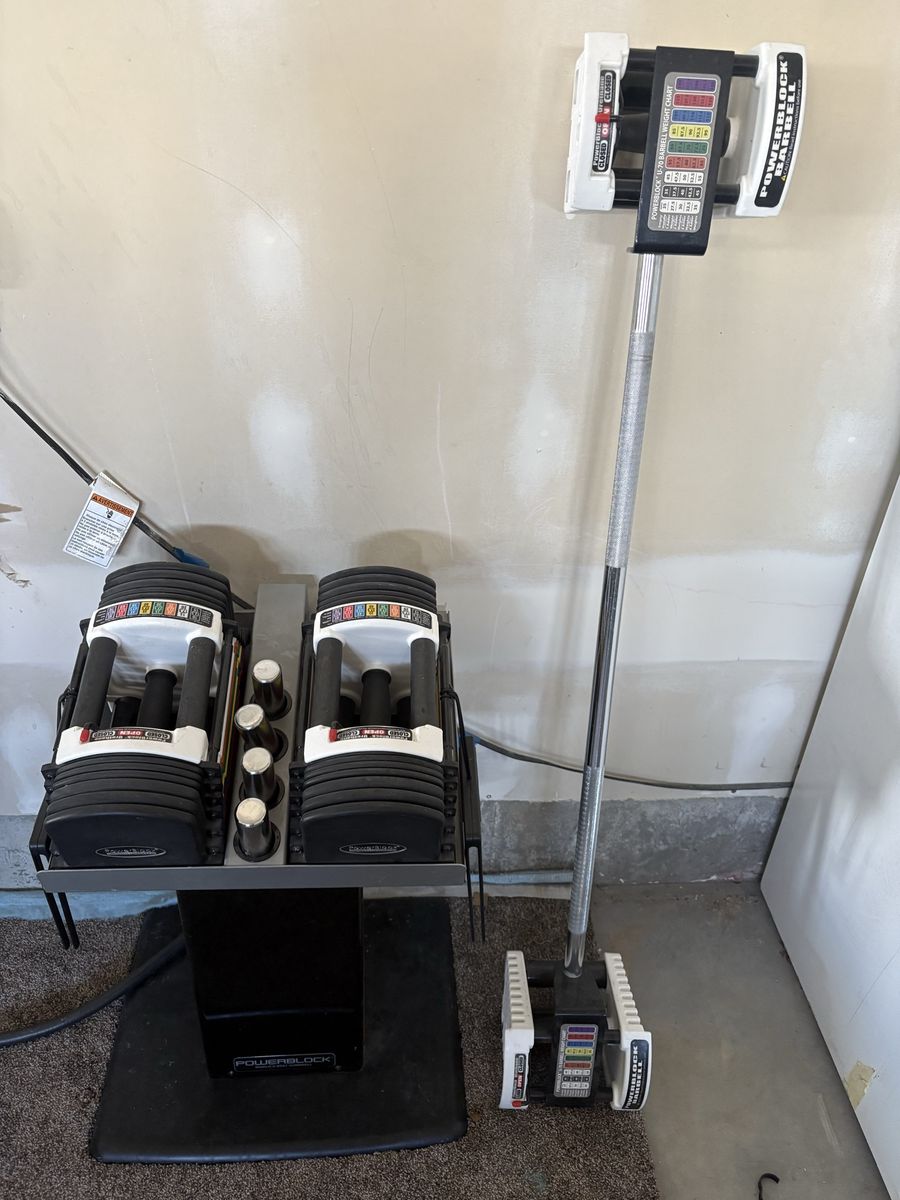 PowerBlock Pro Series Adjustable Dumbbells 5-70 lbs with Stand & Pro Series EZ Curl Bar 15-70 lbs