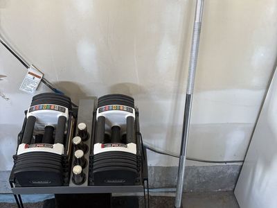 PowerBlock Pro Series Adjustable Dumbbells 5-70 lbs with Stand & Pro Series EZ Curl Bar 15-70 lbs