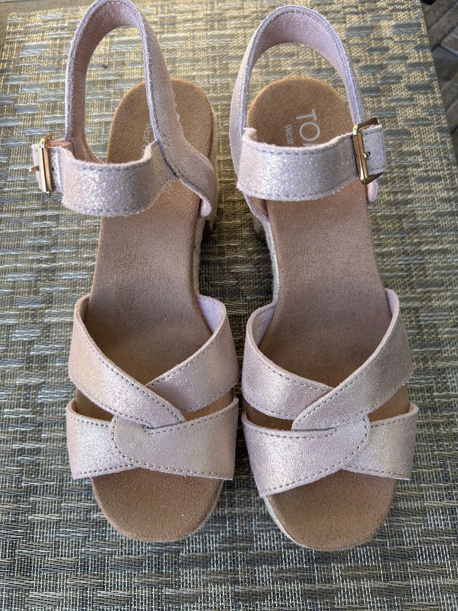 TOMS Wear Good Women's Pink Glitter Leather Espadrille Wedge Sandals, Size 6.5