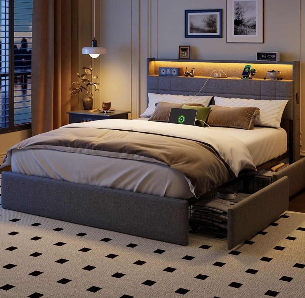 Queen Bed Frame with 4 Drawers and Storage Headboard, Grey Upholstered Platform Bed Frame