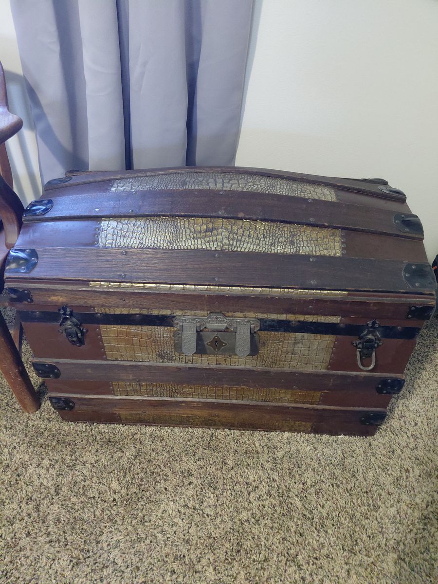 Antique Victorian Steamer Trunk with Embossed Faux Alligator Trim