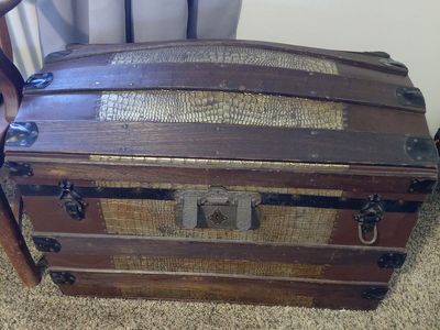 Antique Victorian Steamer Trunk with Embossed Faux Alligator Trim