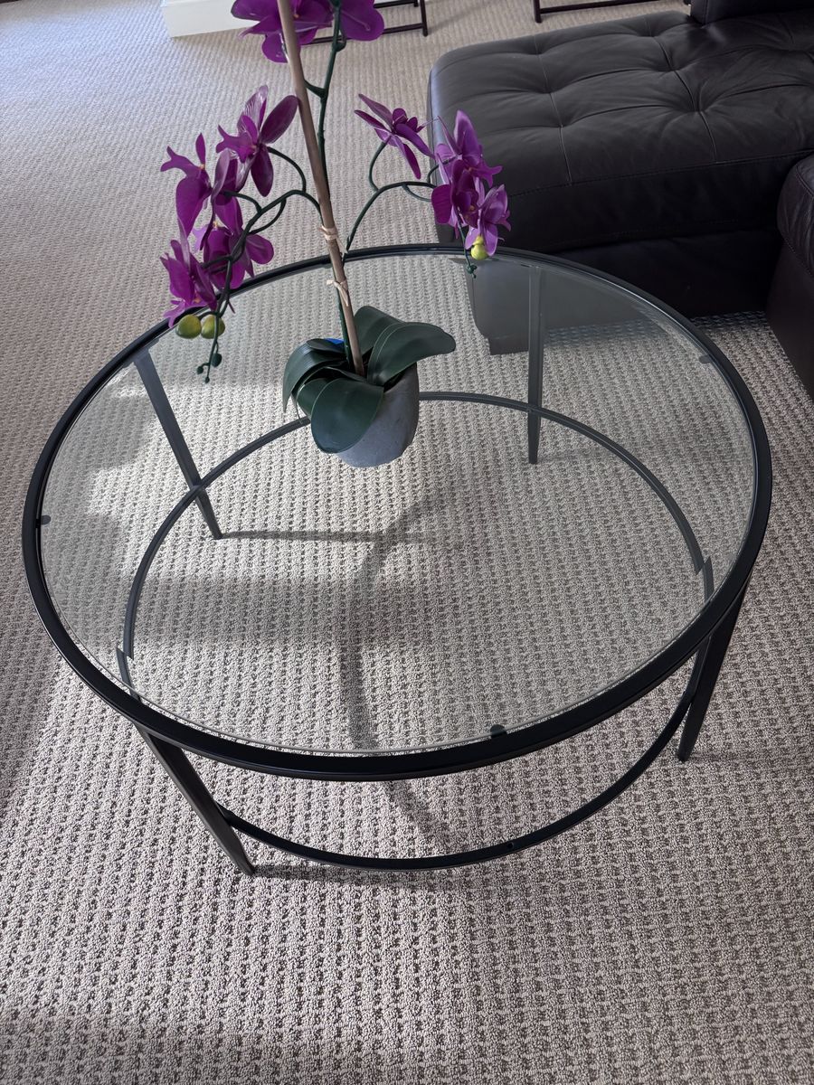 Round Glass Coffee Table with Black Metal Frame - Modern Living Room Furniture
