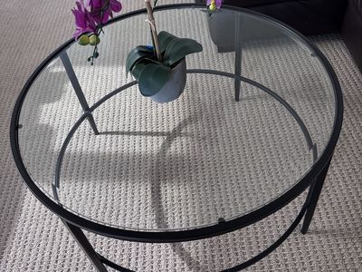 Round Glass Coffee Table with Black Metal Frame - Modern Living Room Furniture