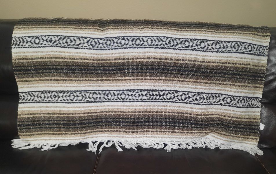 Mexican Style Blanket - Brown, Tan, Black, White - Classic Striped Design