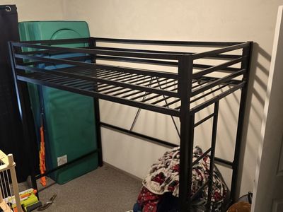 Black Metal Twin Loft Bed Frame with Built-in Ladder and Safety Guardrails
