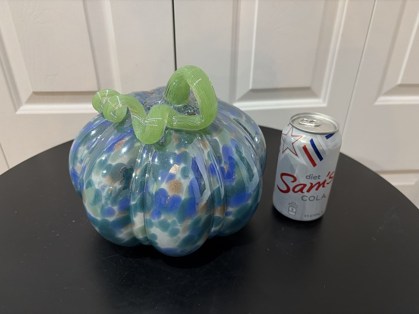 Handblown Glass Pumpkin Decoration - Blue, Green & Gold Speckled Art Glass Fall Decor