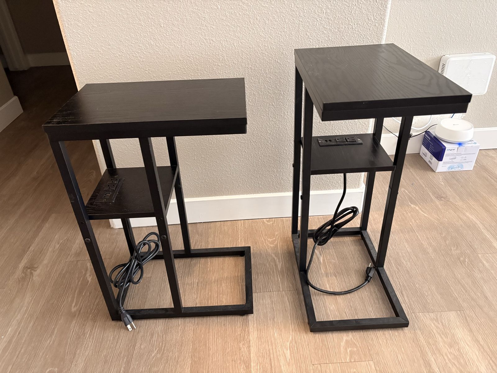 Set of 2 Black Wood & Metal C-Tables with Built-in Power Outlets