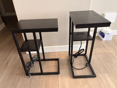 Set of 2 Black Wood & Metal C-Tables with Built-in Power Outlets
