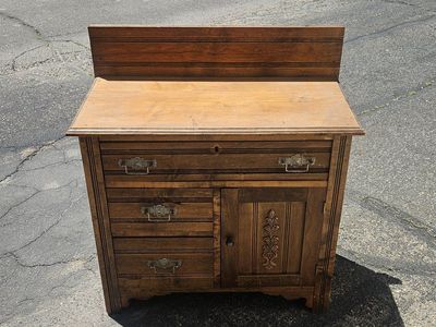 Antique Wooden Dresser/Vanity with Ornate Carvings & Drawers - Solid Wood Storage