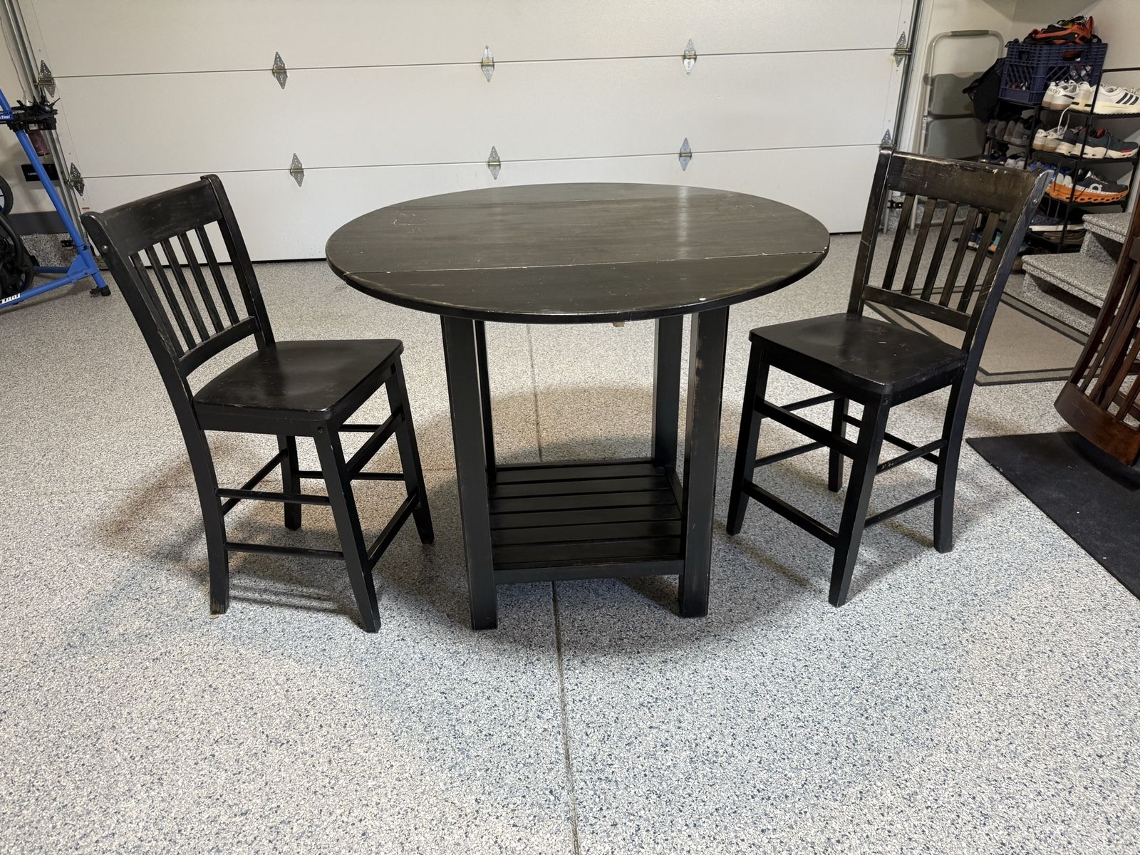 Space-Saving Black Drop-Leaf Pub Table with Two Matching Bar Stools - Compact Dining Set