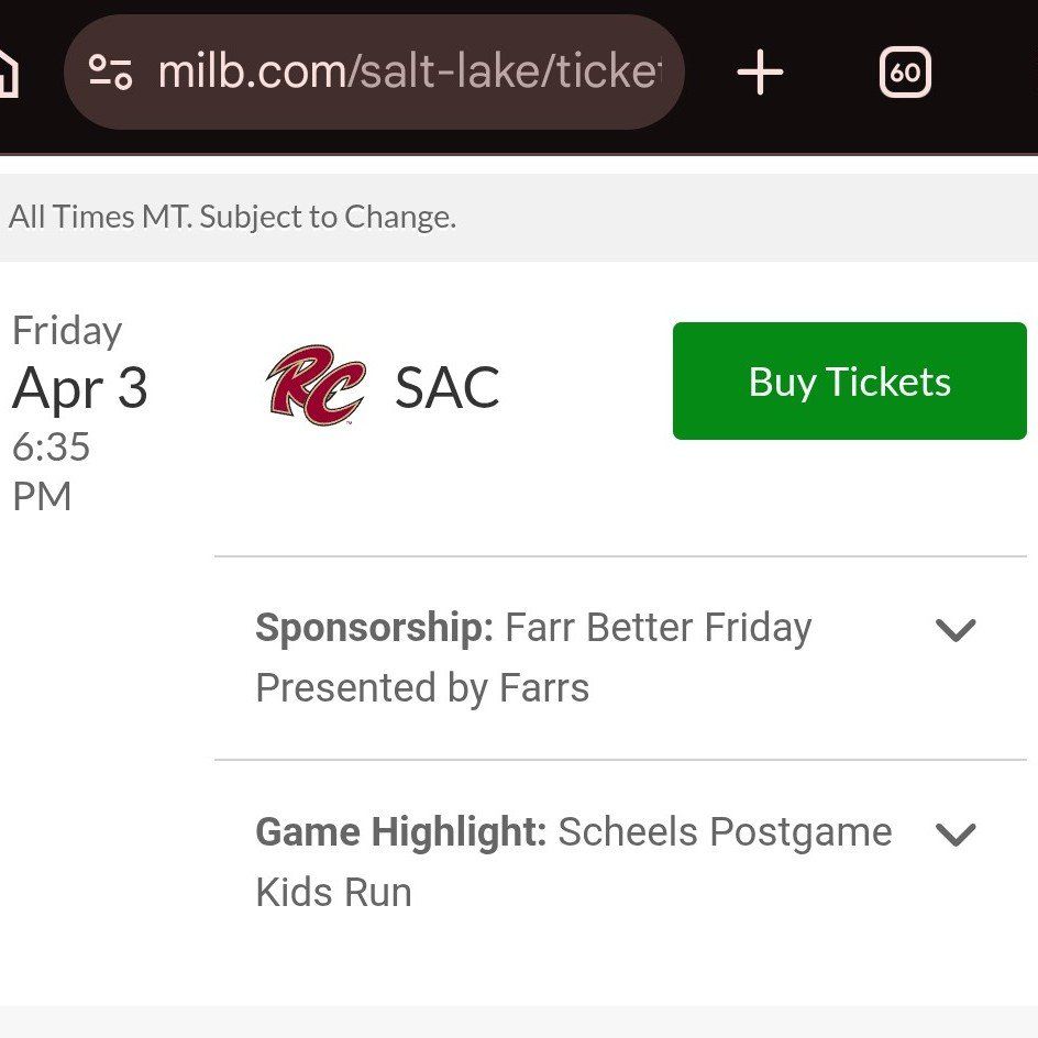 4x Salt Lake Bees Tickets- Apr 3 Friday night 6:35