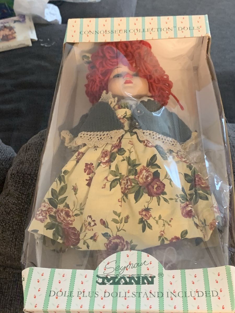Seymour Mann Connoisseur Collection Doll with Red Yarn Hair & Floral Dress - Doll Stand Included