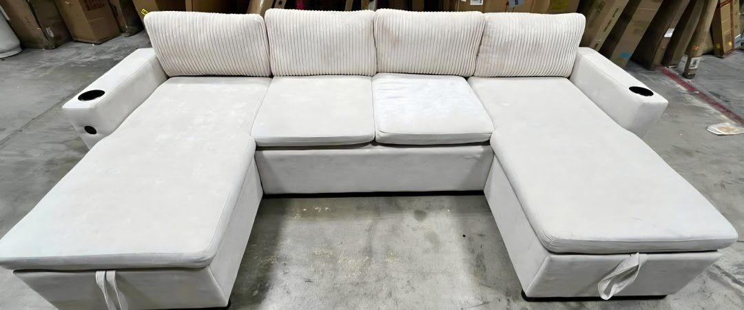Sectional Sleeper Sofa with Double Storage Chaise, Pull Out Sofa Bed Couch with USB Ports, Cup houlders, Chenille 111.8" Oversiz