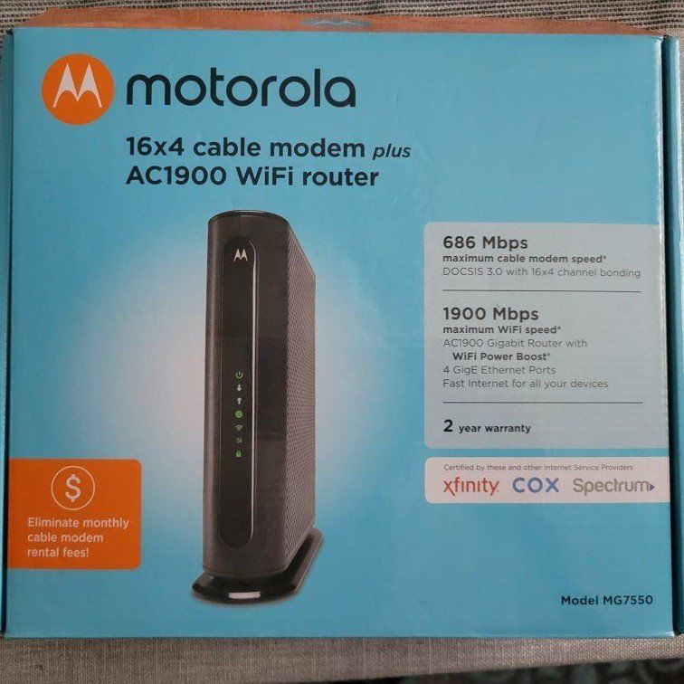 Motorola MG7550 16x4 DOCSIS 3.0 Cable Modem Plus AC1900 WiFi Router, Xfinity Cox Spectrum