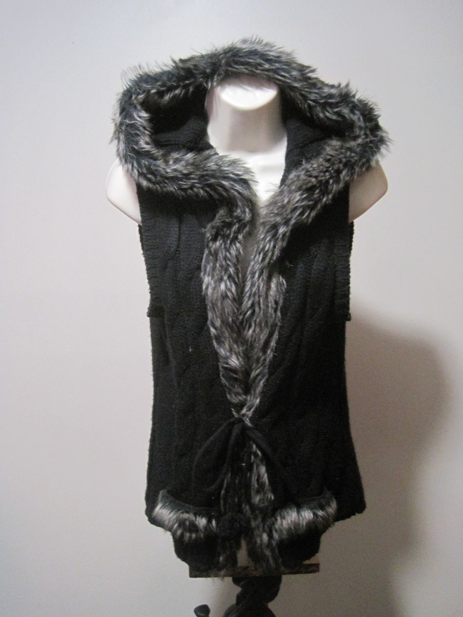 Maurices Women's Small Black Cable Knit Faux Fur Trimmed Hooded Sweater Vest