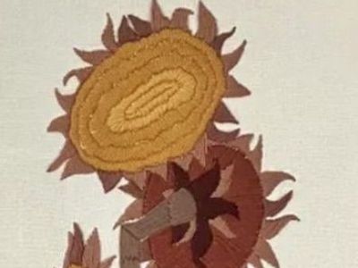 Large rare, Vintage Mid Century Modern Paragon Sunflower tapestry wall hanging , MCM by Roger LeCloutier. Seen in Mad Men