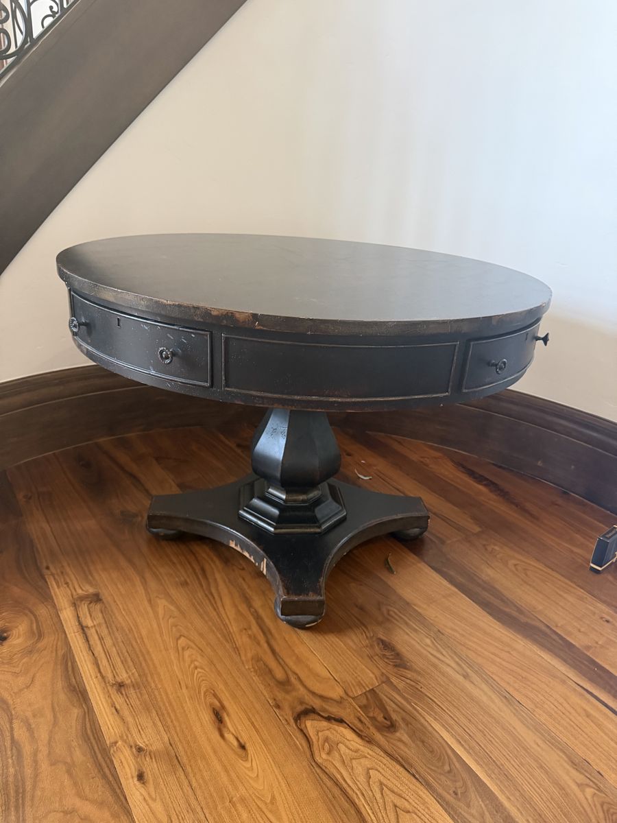 All wood 42” wide x 32” high Habersham Black Round Pedestal Coffee Table with Drawers