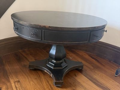 All wood 42” wide x 32” high Habersham Black Round Pedestal Coffee Table with Drawers