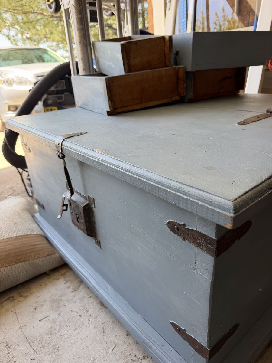 Vintage Painted Wooden Storage Trunk Chest with Rustic Metal Hardware & drawers