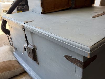 Vintage Painted Wooden Storage Trunk Chest with Rustic Metal Hardware & drawers