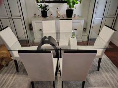 Modern Tempered Glass Dining Table with 6 Chairs - Sleek Design, Excellent Condition Width: 35 1/2" Length: 63" $350