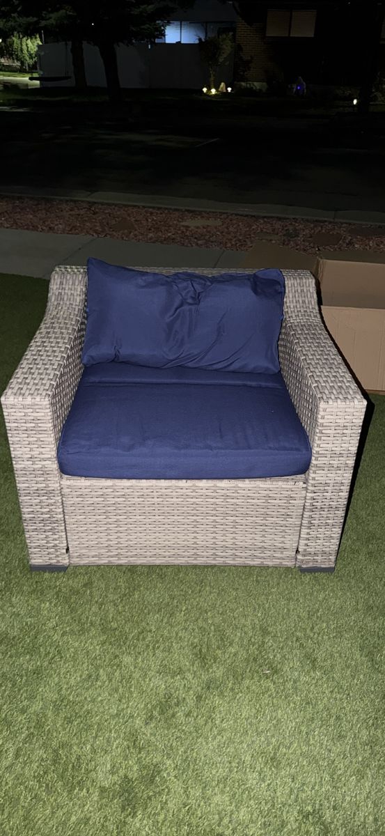Gray Wicker Outdoor Patio Armchair with Navy Blue Cushions