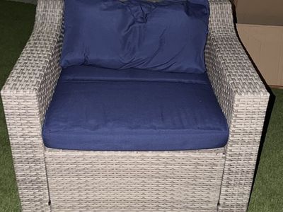 Gray Wicker Outdoor Patio Armchair with Navy Blue Cushions