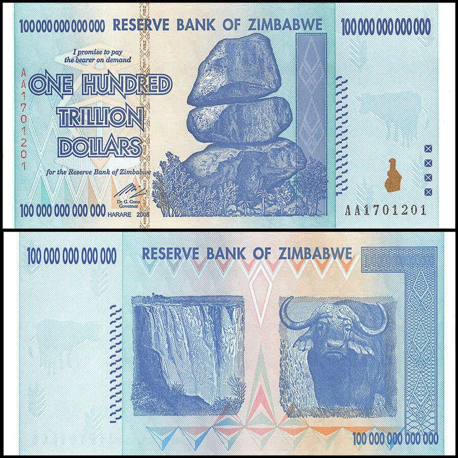 100 50 trillion dollar Zimbabwe banknote bonds in crisp uncirculated consecutive numbered condition