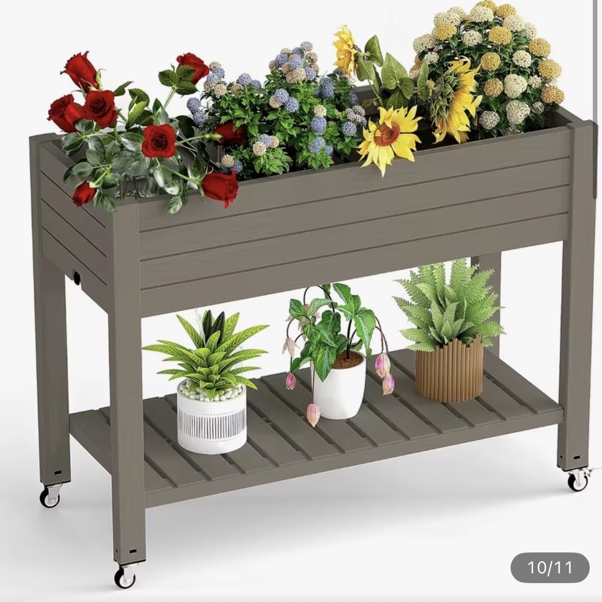 Raised Garden Bed Planter with Wheels & Storage Shelf - Ideal for Patios & Decks