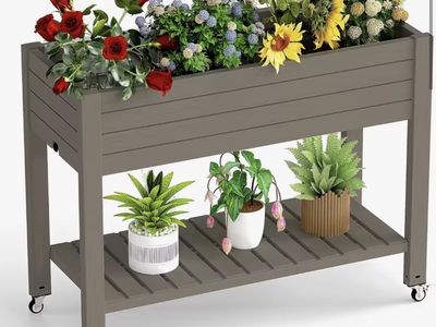Raised Garden Bed Planter with Wheels & Storage Shelf - Ideal for Patios & Decks