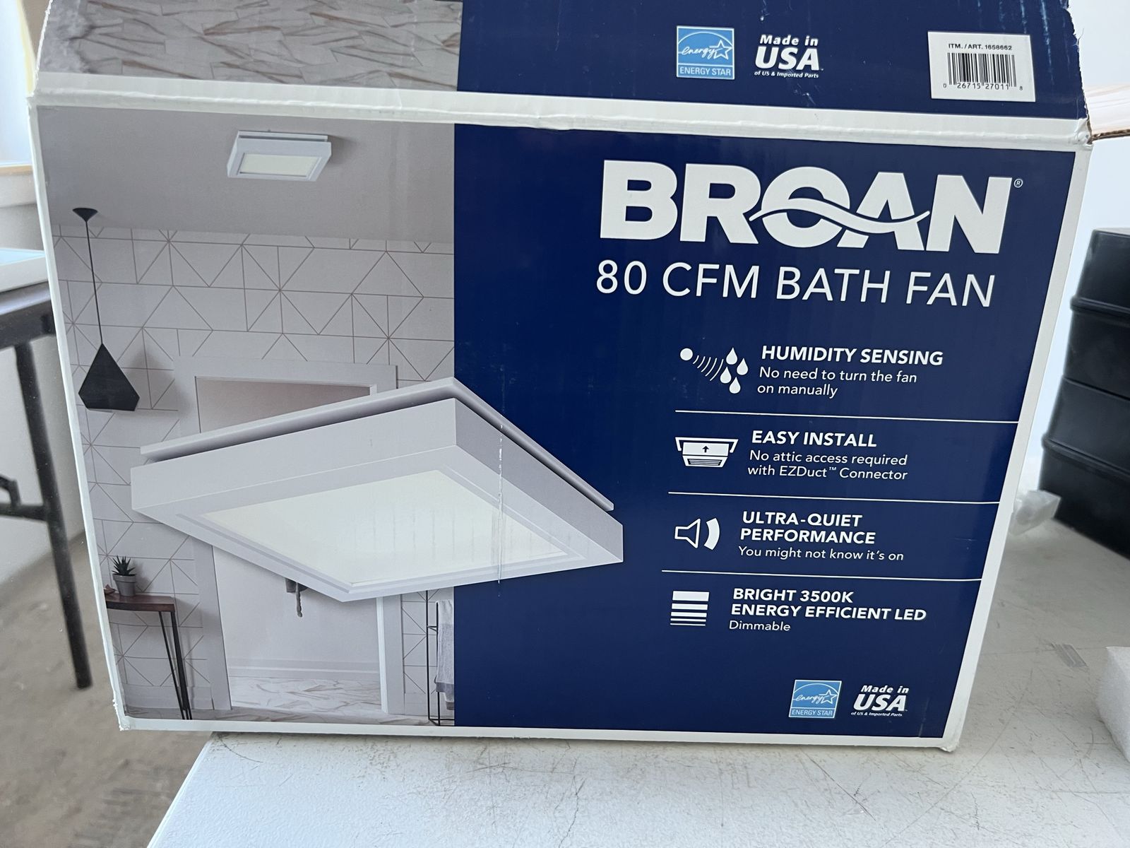 Broan Roomside Series 80 CFM Bath Fan - Humidity Sensing, Ultra-Quiet, Dimmable 3500K LED